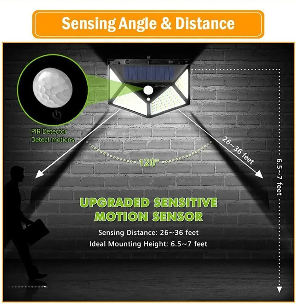 100 LED Solar Motion Sensor Security Light Outdoor Waterproof PIR Spotlight for Yard Garden Path Fence Decoration