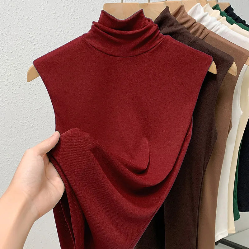 Elastic Mesh High Neck T-shirt New Women's Solid Color Plus Size Sleeveless Basic Top