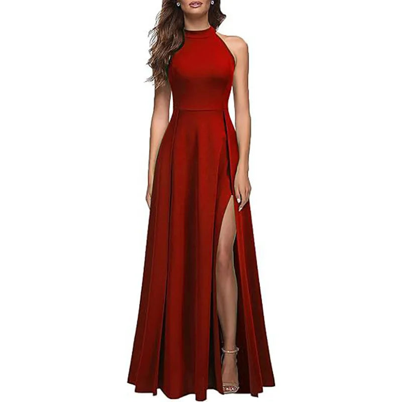 Women's Dress with Hanging Neck Pendant Waist Summer Sleeveless High Waist Slimming Long Fashion Evening Dress