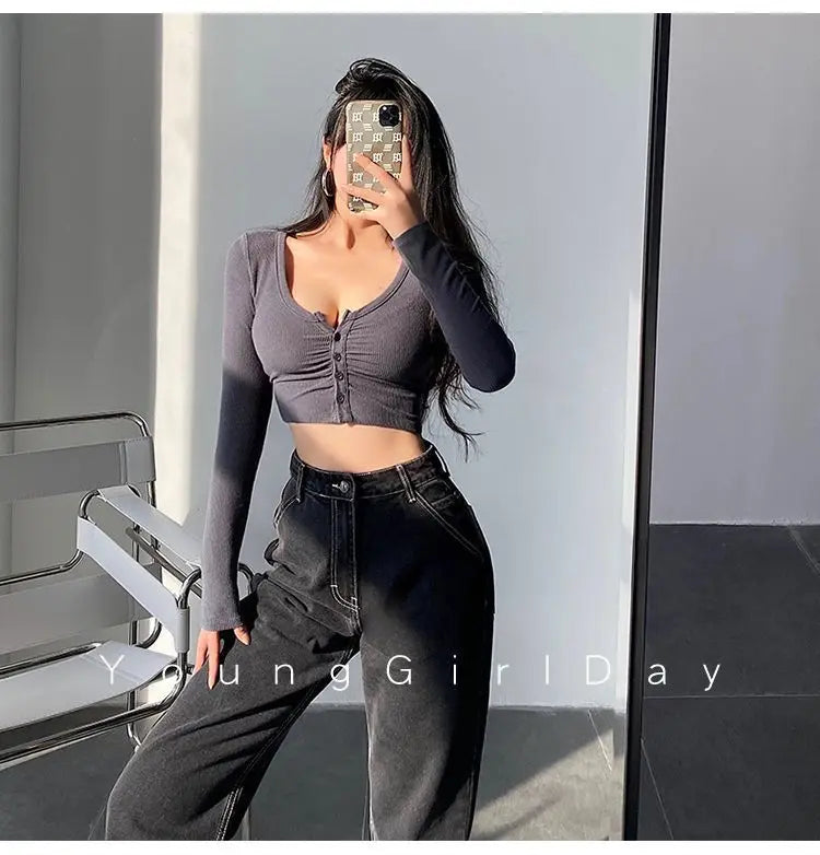 Sexy Hot Girl Tie Dye Long Sleeve T-Shirt Ultra Short Tight Inner Wear Base Shirt Jazz Dancing Black Top Women's Cotton Tee