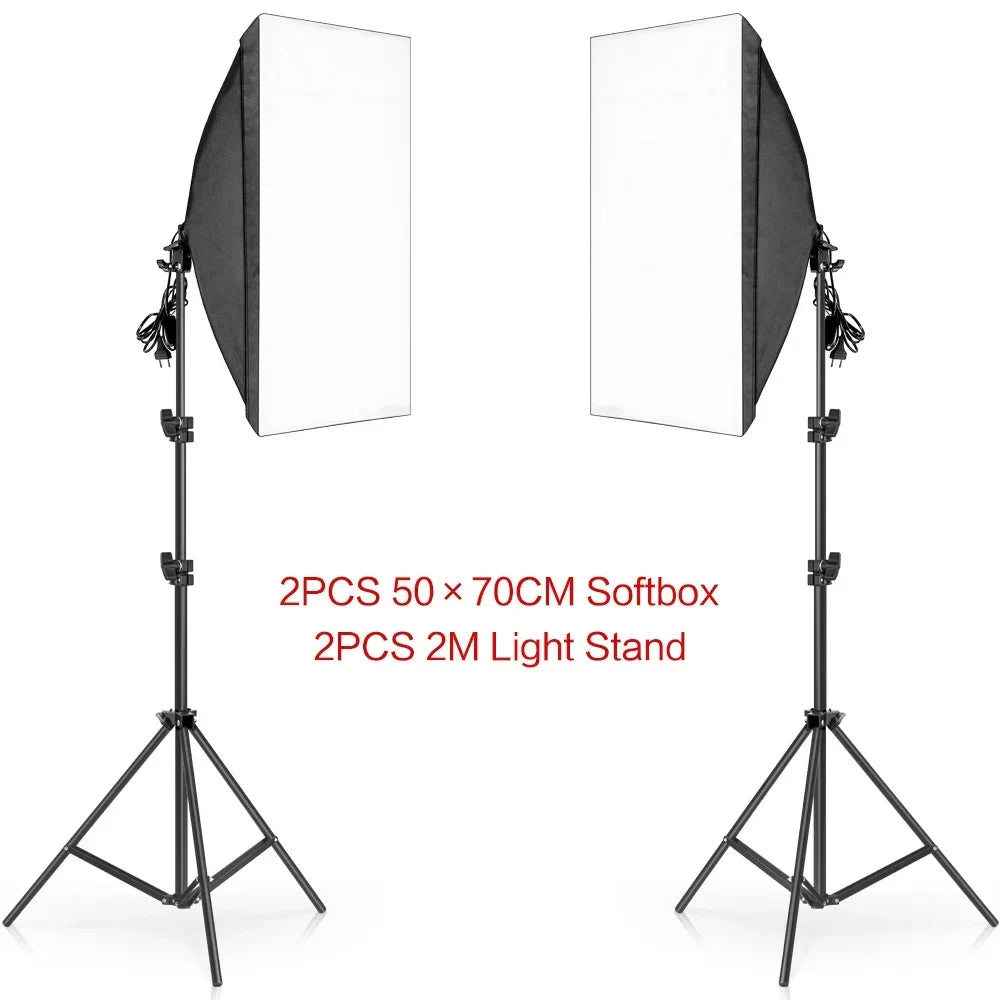 50x70CM Softbox Lights With Cross Arm E27 Photographic Bulbs Professional Photo Studio Continuous Lighting Kit With Tripod Stand