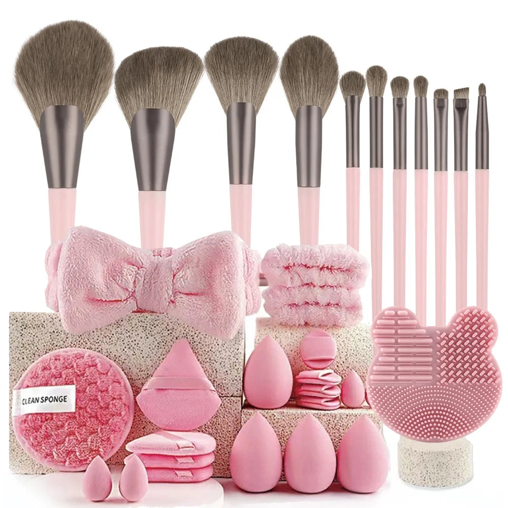 Makeup Brushes and Sponges Set, Pink Makeup Puff, Beauty Egg, Headband, Wristband Remover Kit, Makeup Tool, Gift 20-32pcs