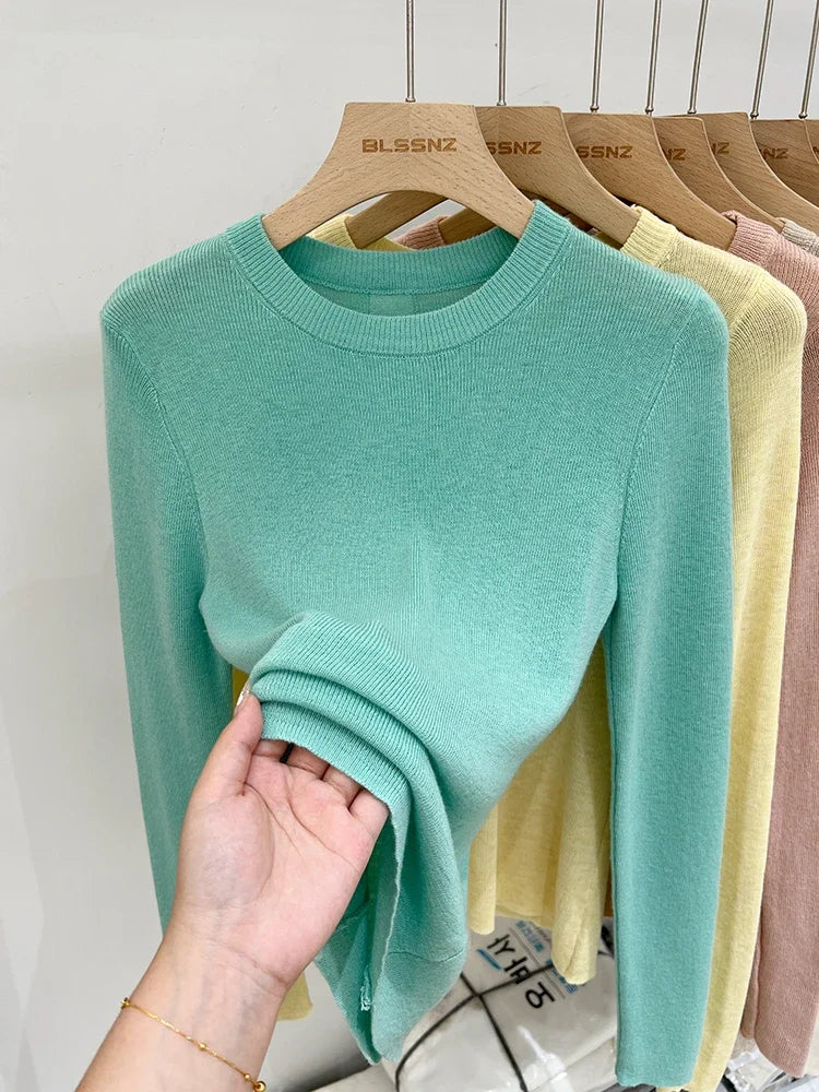 Spring  Basic O-Neck Slim T-Shirt Women Solid Multi Color All-Match Trend Casual Top Screw Knit Long Sleeve Elastic Office Lady