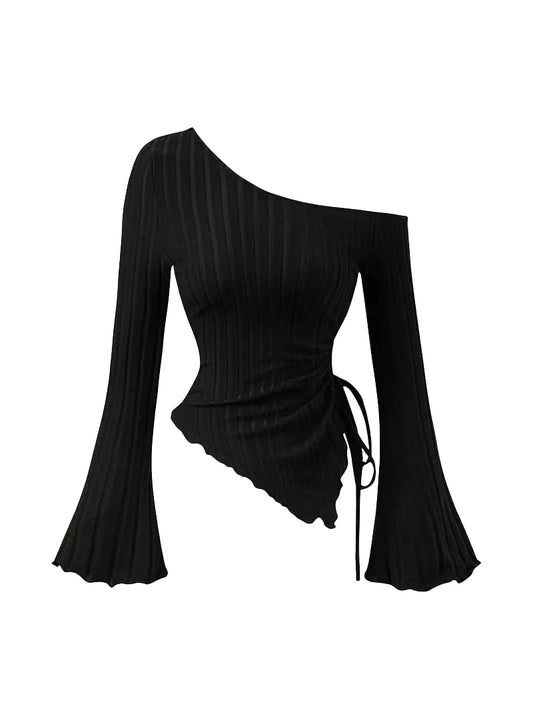 women's New off shoulder cross long sleeved slim fit casual street style asymmetrical elegant T-shirt trumpet sleeve top