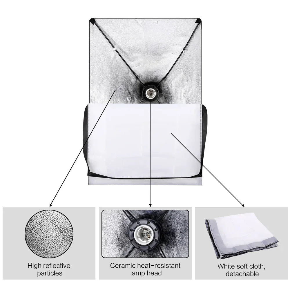 50x70CM Softbox Lights With Cross Arm E27 Photographic Bulbs Professional Photo Studio Continuous Lighting Kit With Tripod Stand