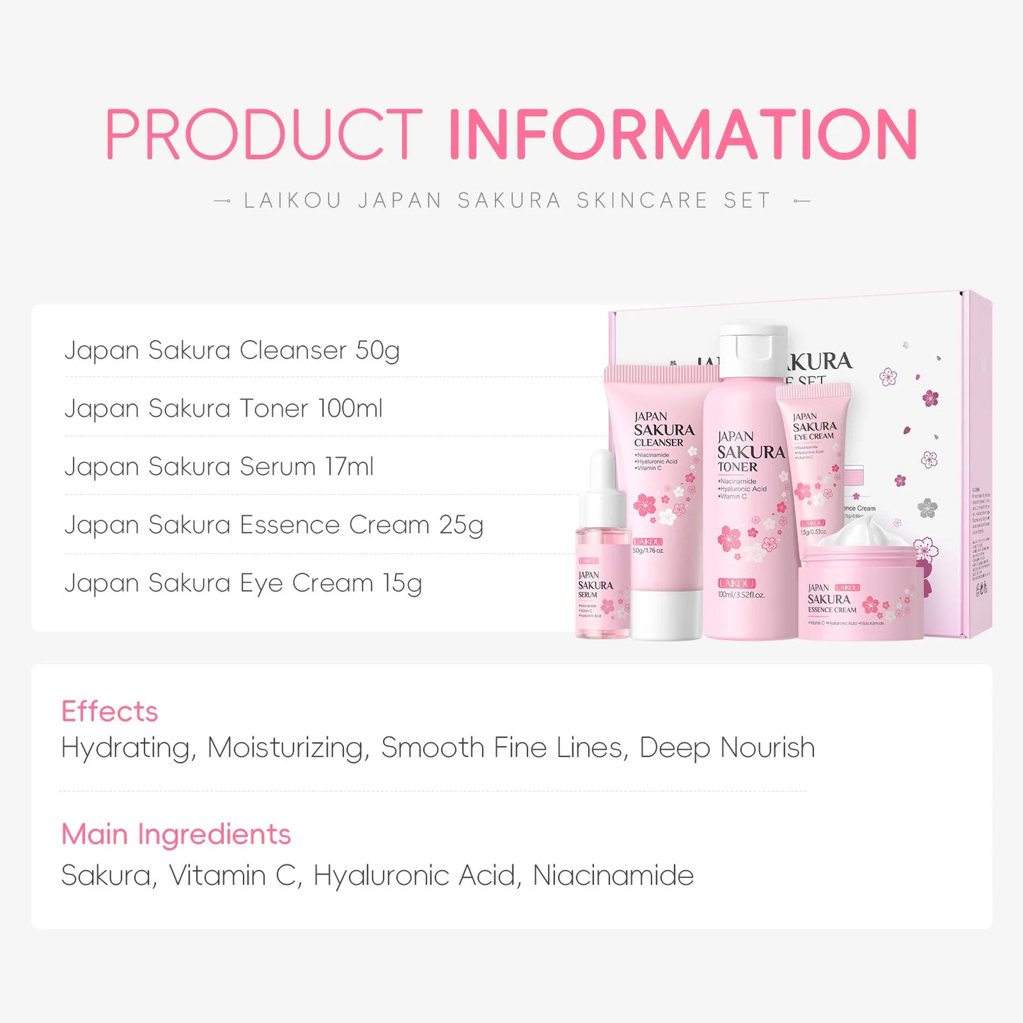 LAIKOU Sakura Kit Skin Care Sets Moisturizing and Reducing Fine Lines Cleansing Pore Product 5-Piece Korean Women's Day Gift