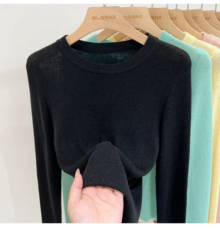 Spring  Basic O-Neck Slim T-Shirt Women Solid Multi Color All-Match Trend Casual Top Screw Knit Long Sleeve Elastic Office Lady