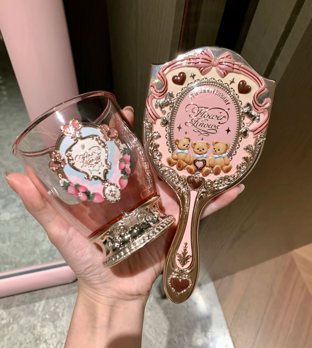 Flower Knows 9th anniversary desktop mirror with air cushion comb makeup brush cup