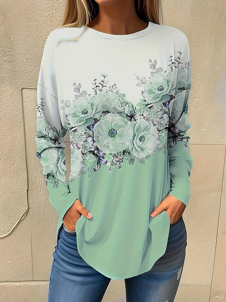 Daily Women's Warm Tops For Autumn And Winter 3D Flower-printed Fashionable Long-sleeved T-shirts Street-style Casual T-shirts