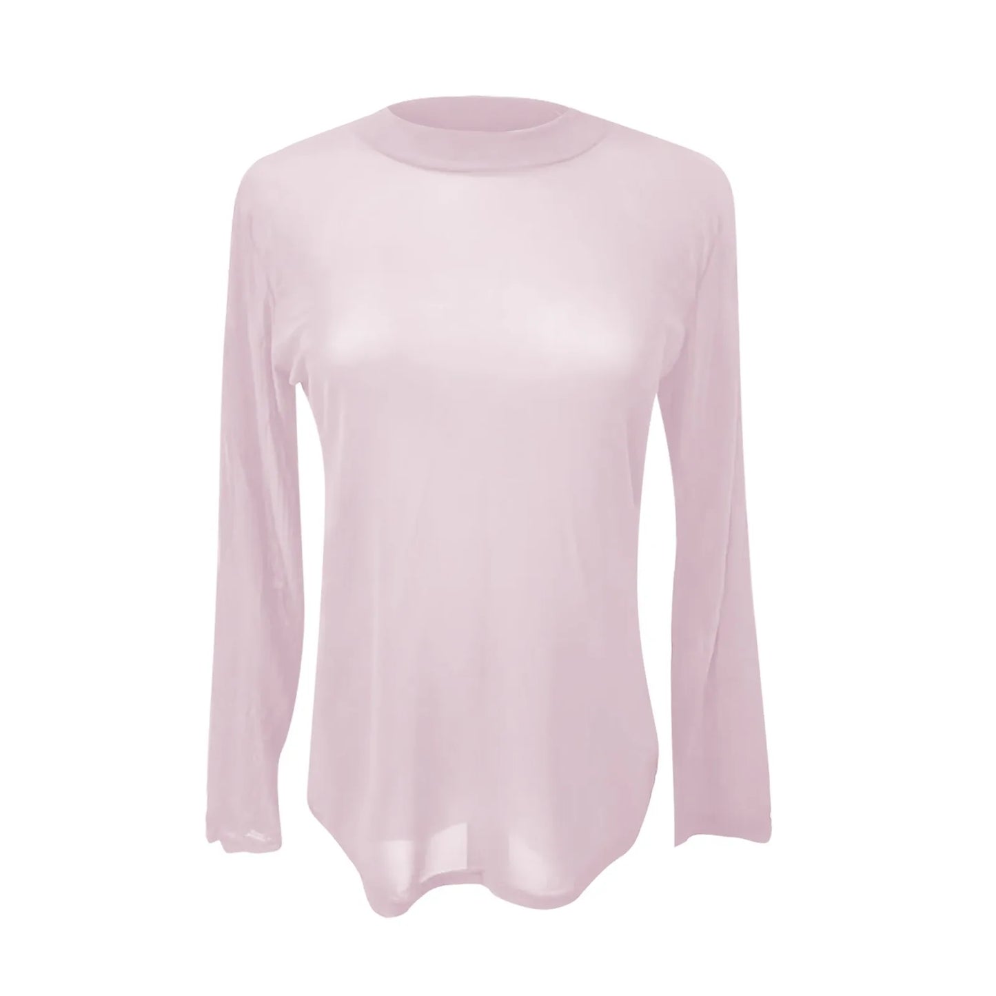 Summer women's sexy ultra-thin mesh T-shirt Elastic Tight long-sleeved Black Mesh Tee Shirt half-high collar transparent Top