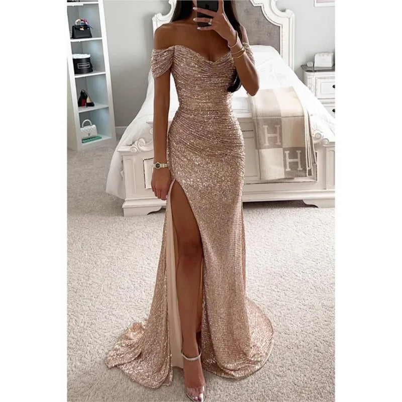 Women's Sexy Party Maxi Dress New Sequined One-line Collar Slit Dress Casual Fashion Prom Eveging Dresses For Women Robe Femme