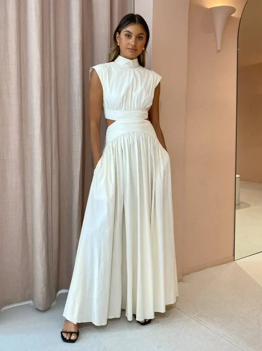 New Holiday Style, Solid Color Waist Empty And Sexy Waist Pleated Large Skirt Dress