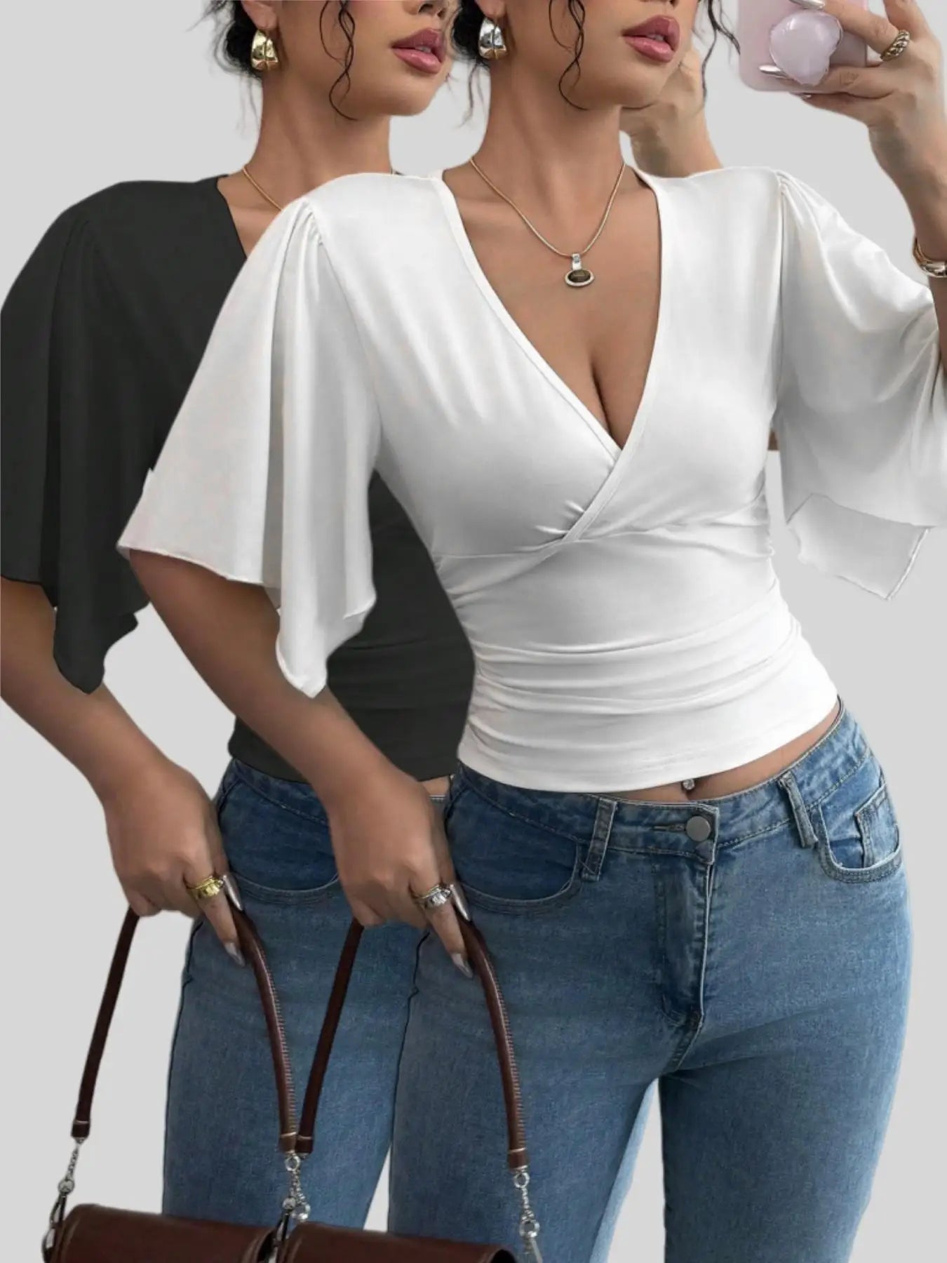 Elegant V-neck versatile trend big sleeve women's T-shirt two-piece set