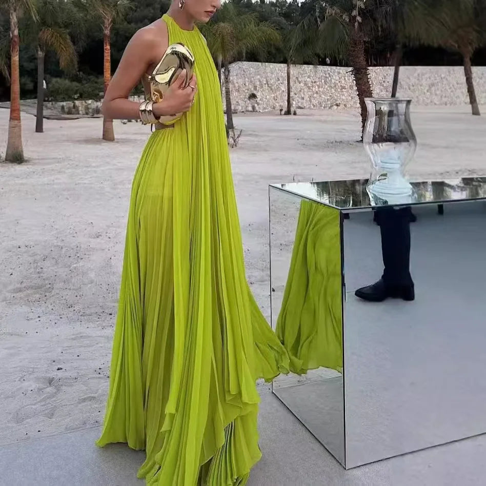 Fashion O Neck Sleeveless Long Top + Skirt Women 2pc Set Sexy Hollow Out Backless Beach Suit Casual Pleated Holiday Party Outfit