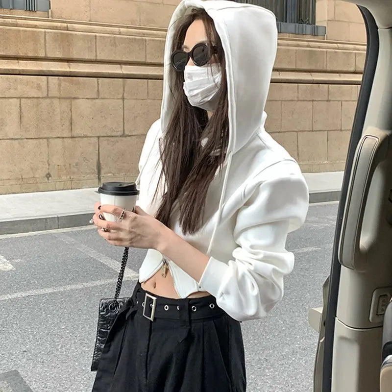 Casual Short Hooded Sweatshirt Women Zip Up Hoodies Mujer Solid Harajuku Long Sleeve Slim fit Crop Top Female Jackets Coat
