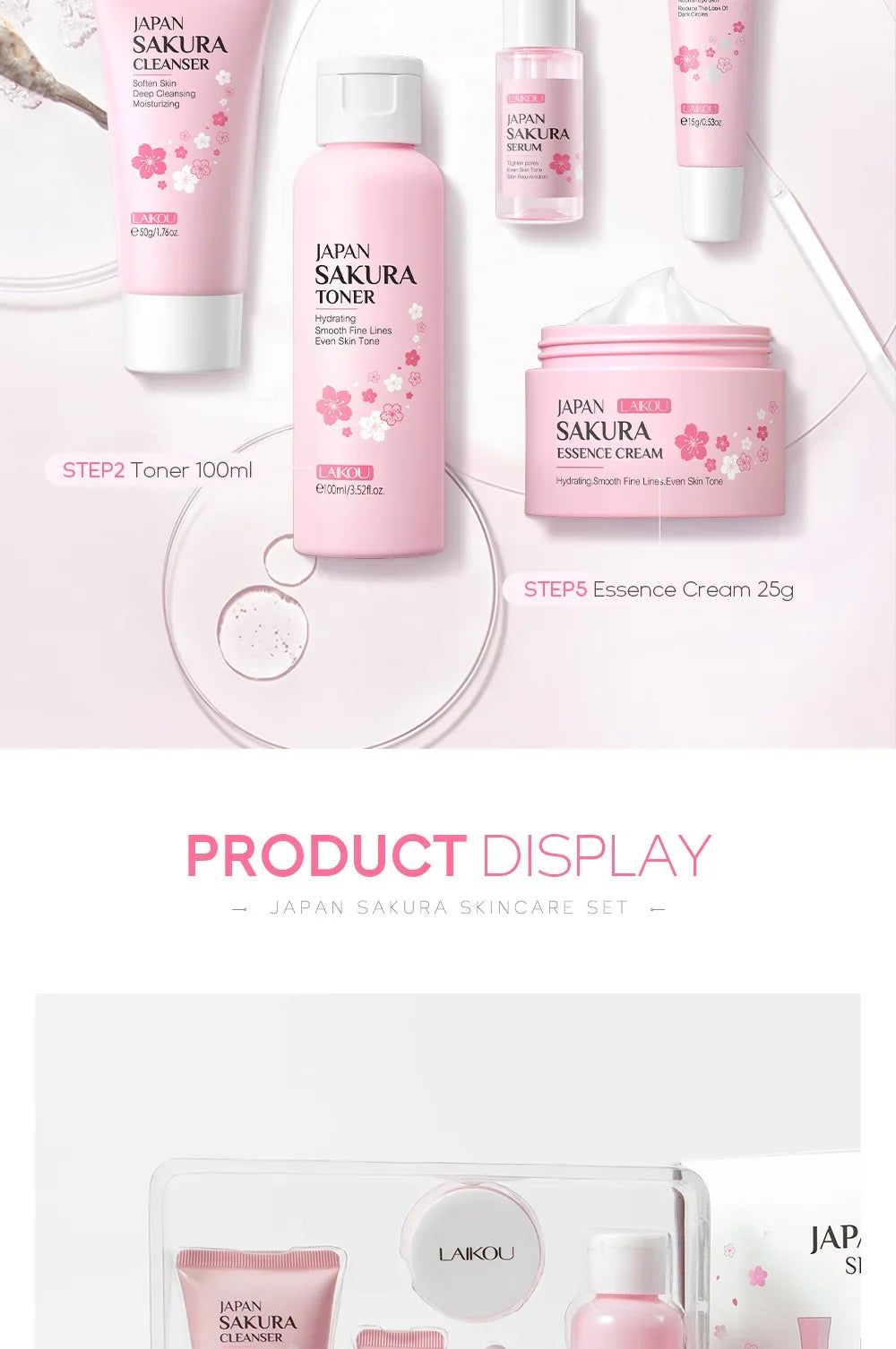 LAIKOU Sakura Kit Skin Care Sets Moisturizing and Reducing Fine Lines Cleansing Pore Product 5-Piece Korean Women's Day Gift