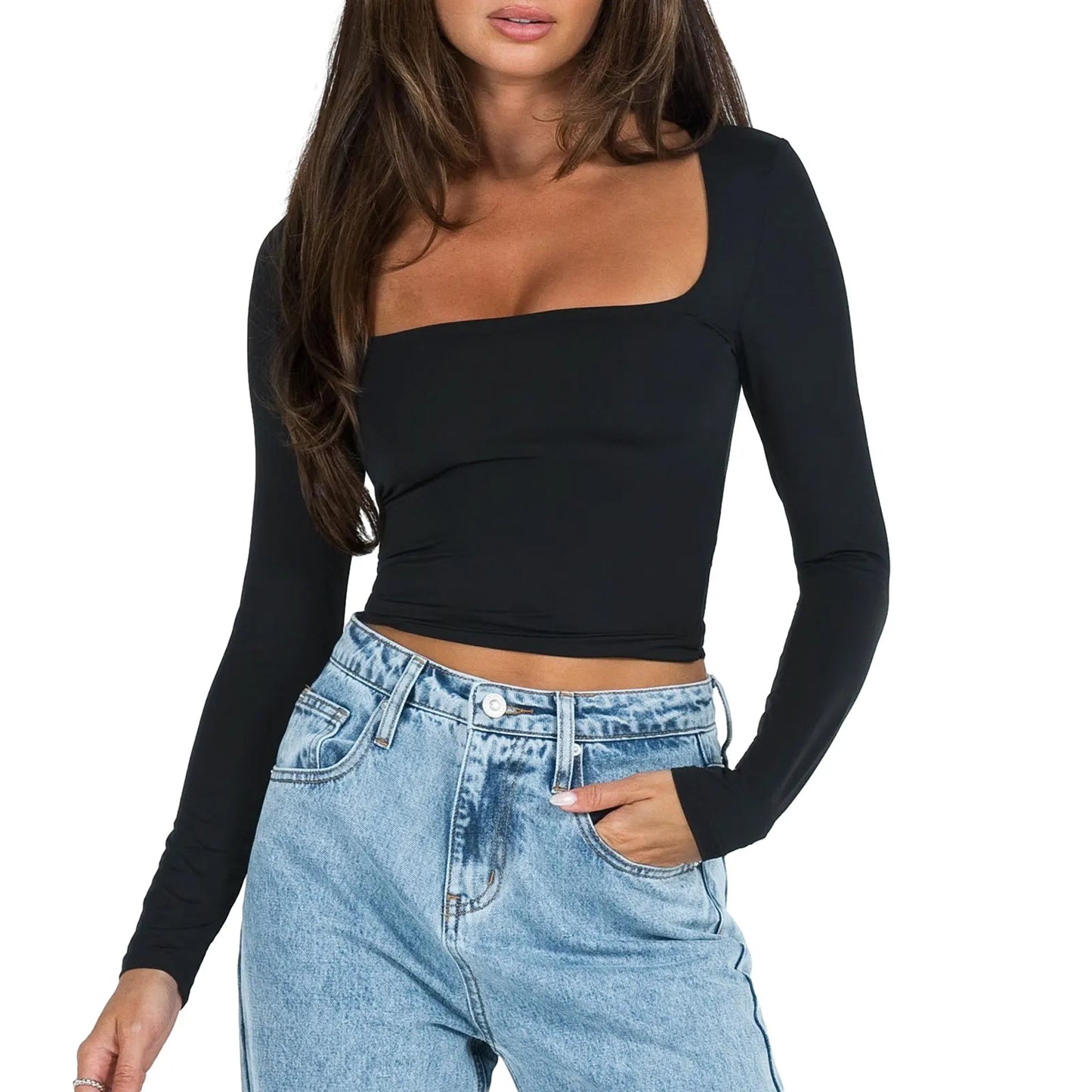 Women's Slim Fit Crop Tops Fashion Long Sleeve Square Neck Solid Color Pullover Basic T-Shirt Dressy Blouses 2024 New Streetwear
