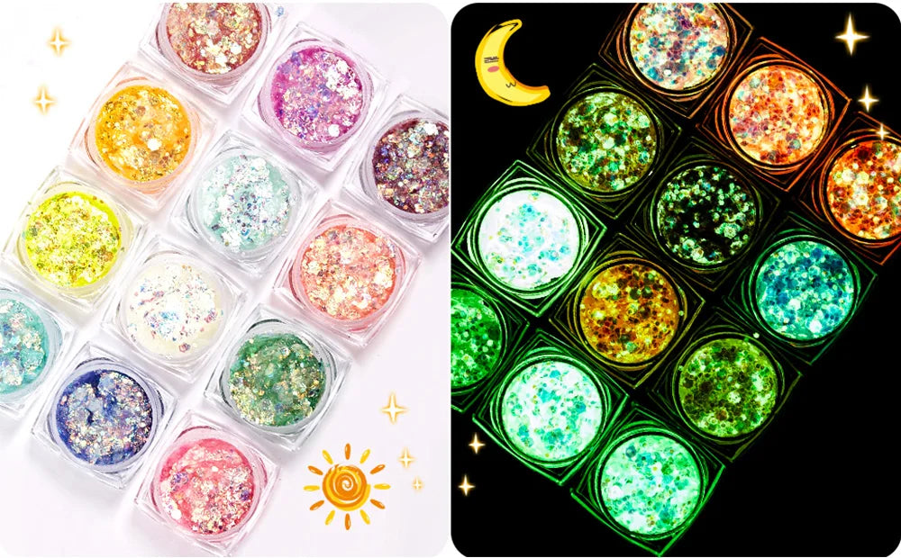 12 Colors Glitter Gel Makeup Glow in The Dark Body Glitter Gel UV Face Glitter for Women Festival Party Glitter Makeup Gel