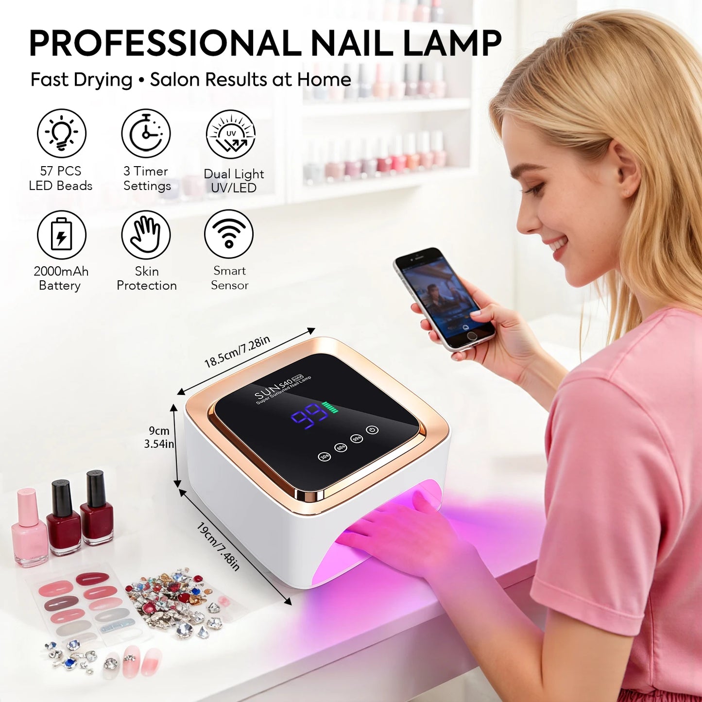 180W Cordless UV LED Nail Lamp With LCD Display Wireless 57LEDS Nail Drying Lamp For Drying Polish Gel Rechargeable Salon Tools