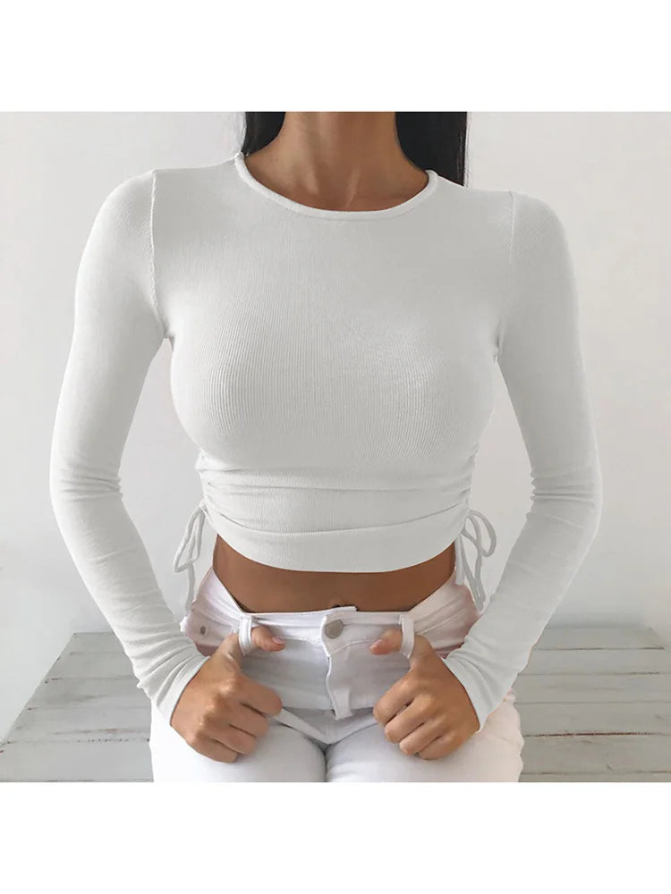 Sexy O-Neck Long Sleeve Bodycon Cropped Tops Autumn 2024 Women Irregular Drawstring Bandage Knitted Solid T-Shirt