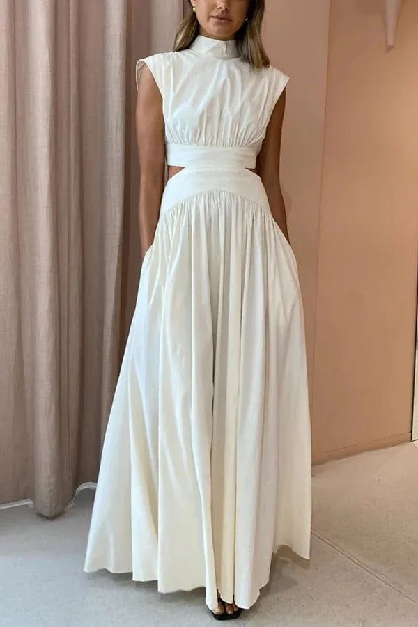 New Holiday Style, Solid Color Waist Empty And Sexy Waist Pleated Large Skirt Dress