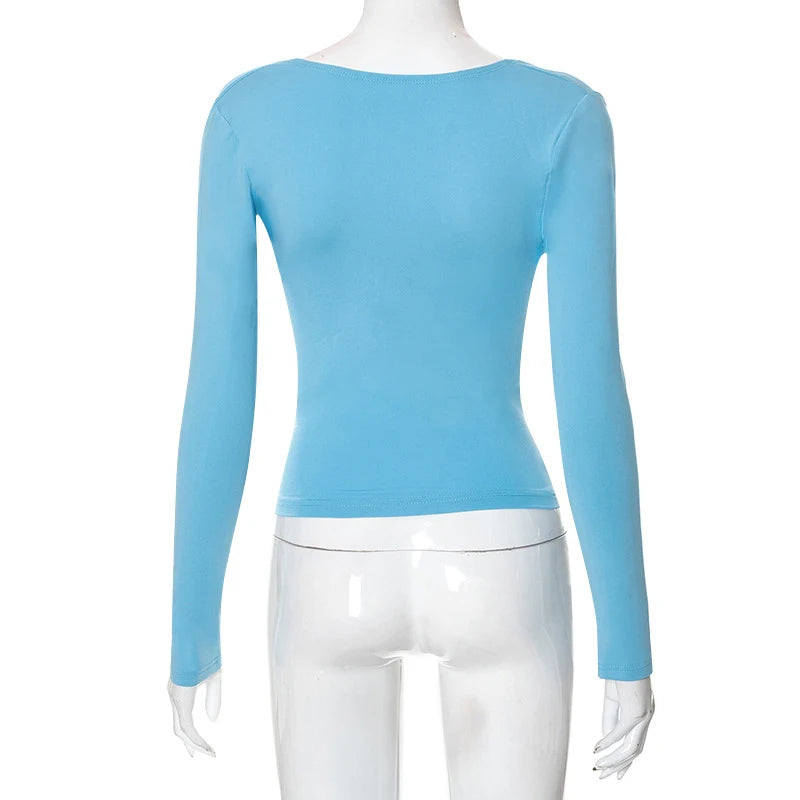 Backless Short Sleeve Blue Y2K Crop Top Women Casual O Neck  Summer T Shirts Sexy Vintage Cut Out