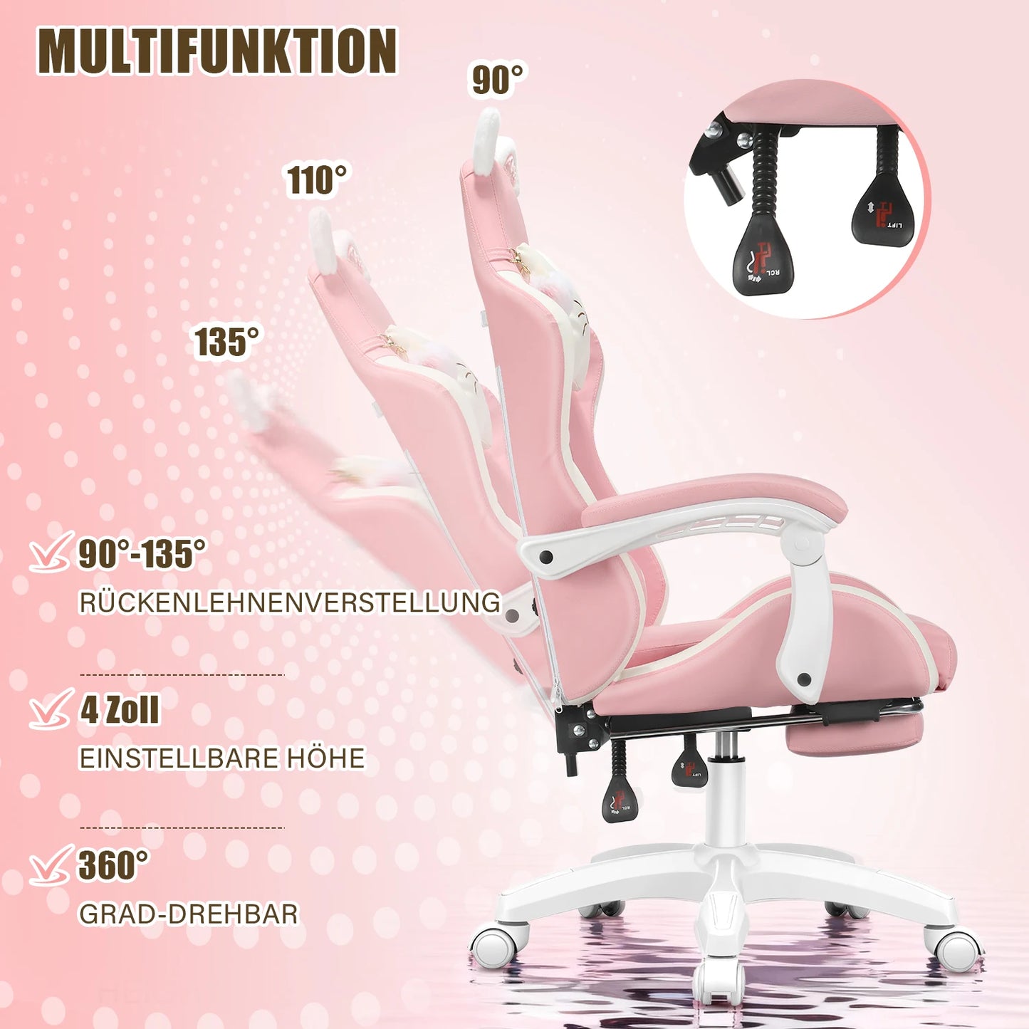 Gaming Chair with Cat Ears, Computer Armchair with Footrest and Lumbar Support, Height Adjustable Game Chair, 360°-Swivel Seat