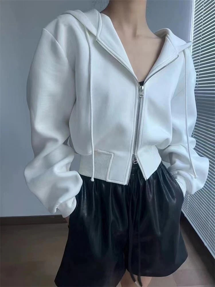Casual Short Hooded Sweatshirt Women Zip Up Hoodies Mujer Solid Harajuku Long Sleeve Slim fit Crop Top Female Jackets Coat