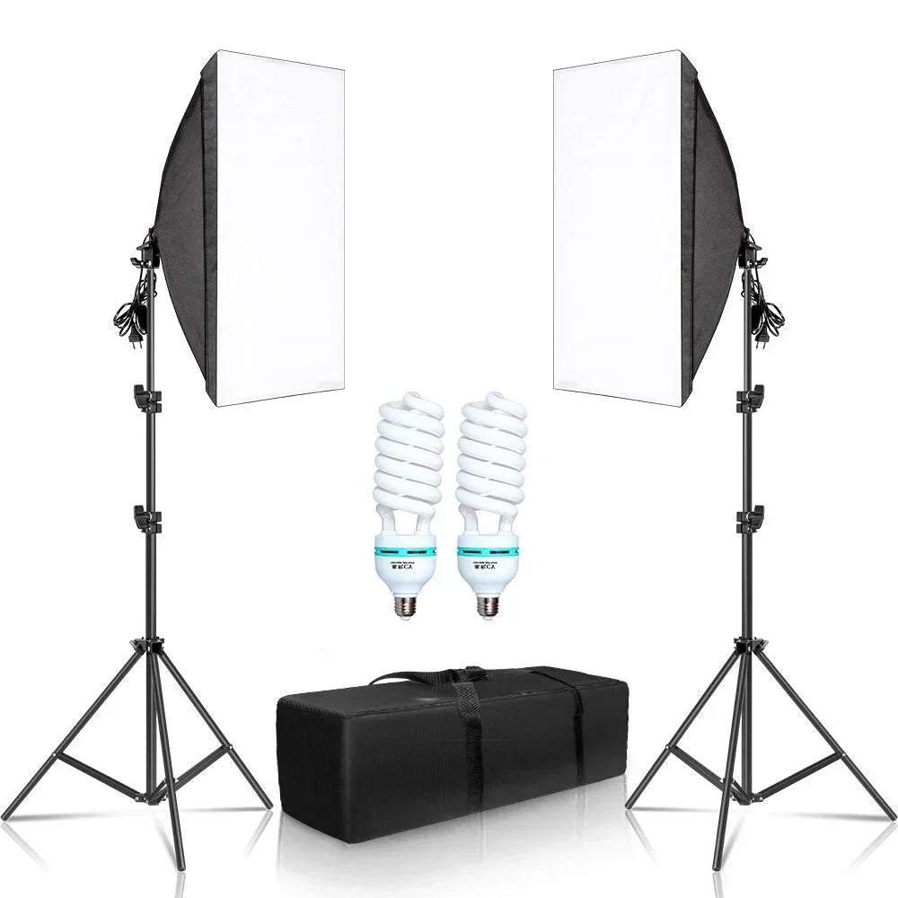 50x70CM Softbox Lights With Cross Arm E27 Photographic Bulbs Professional Photo Studio Continuous Lighting Kit With Tripod Stand