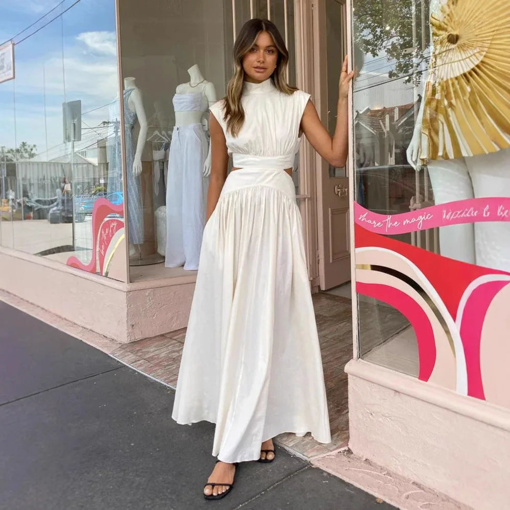 New Holiday Style, Solid Color Waist Empty And Sexy Waist Pleated Large Skirt Dress