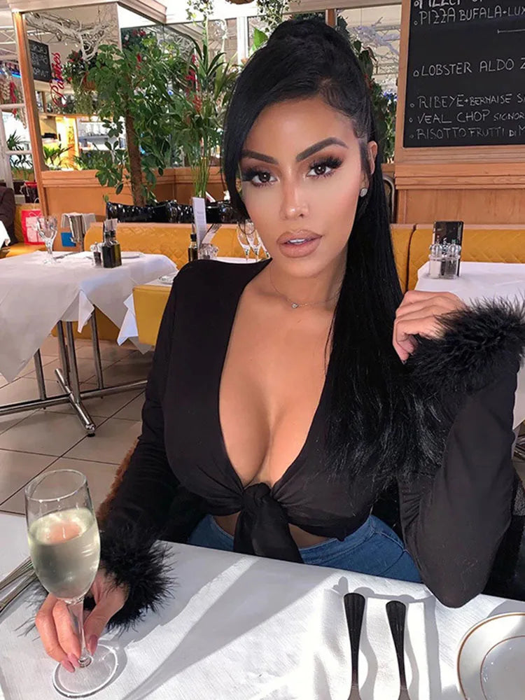 long sleeve fur V-neck wrapped bandage sexy crop tops autumn winter women streetwear club party outfits T-shirts