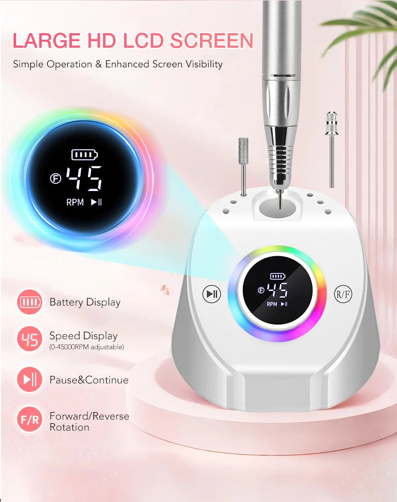 45000RPM Professional Rechargeable Electric Nail Drill Machine With Base Portable Cordless Nail File For Acrylic Gel Nail Remove