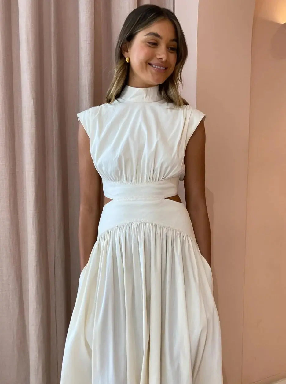 New Holiday Style, Solid Color Waist Empty And Sexy Waist Pleated Large Skirt Dress