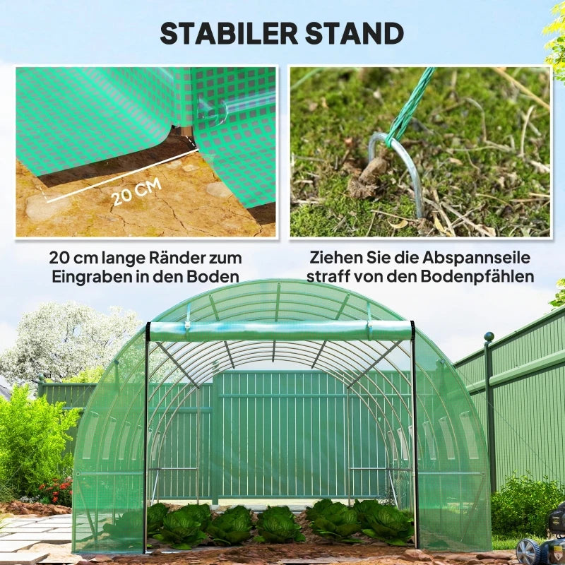 Polytunnel greenhouse with plastic cover and steel frame, walk-in greenhouse tent with roll-up doors, green