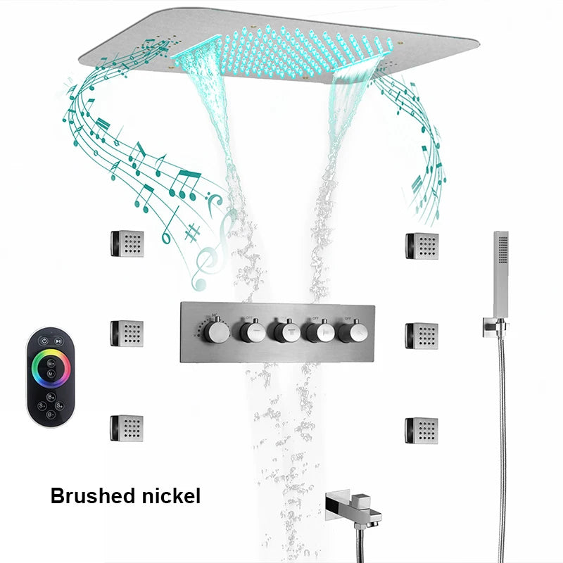 580*380mm Constant-Temperature Shower System Brushed Gold Shower Set LED Light Music Ceiling Hower head Body Massage Nozzle