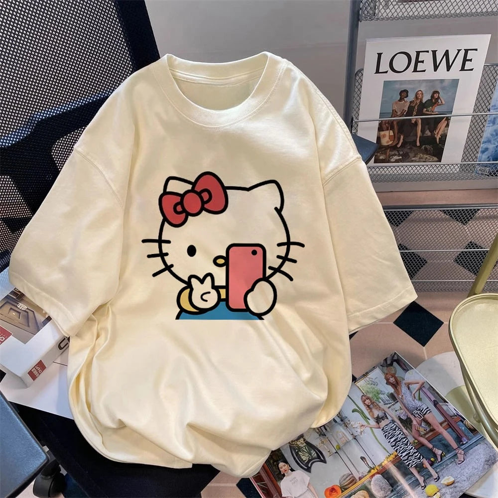 Disney Cute Cartoon Kitty Cat Cotton Short-sleeved T-shirt Men's and Women's Summer Printing Versatile Casual Loose Top Clothing