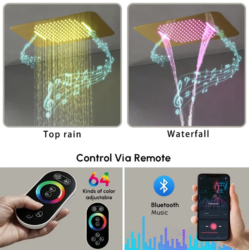 580*380mm Constant-Temperature Shower System Brushed Gold Shower Set LED Light Music Ceiling Hower head Body Massage Nozzle