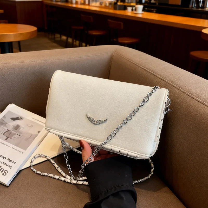 Luxury Crossbody Bag Solid Color PU Wing Logo Design Lightweight Magnetic Adjustable Chain Strap Handbag for Travel Commute