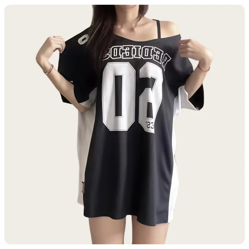 Summer American 90S Style Loose Casual Top with a Disappearing Bottom Effect, Off-Shoulder Sporty Short-Sleeve T-Shirt
