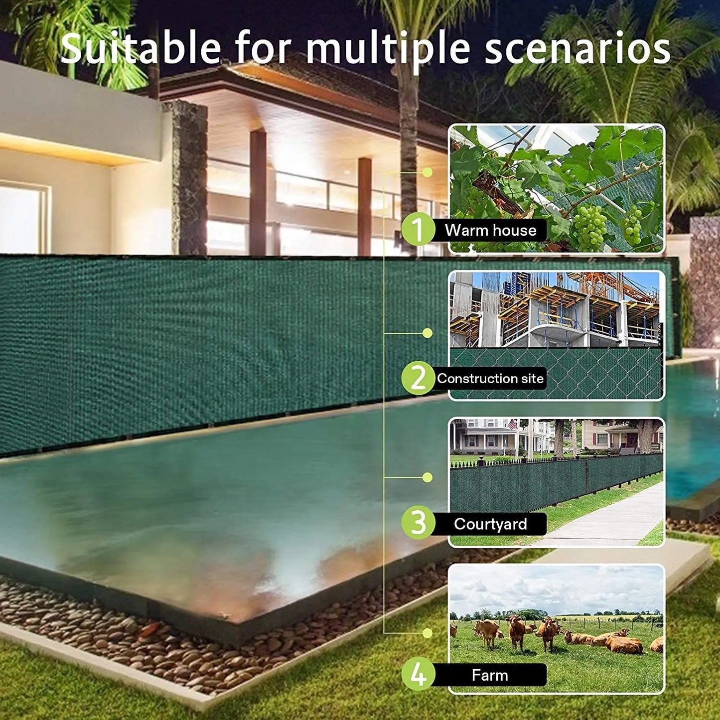 Dark Green Fence Privacy Screen Windscreen Cover Fabric Shade Tarp Netting Mesh Cloth for for Outdoor Fence Backyard, Patio