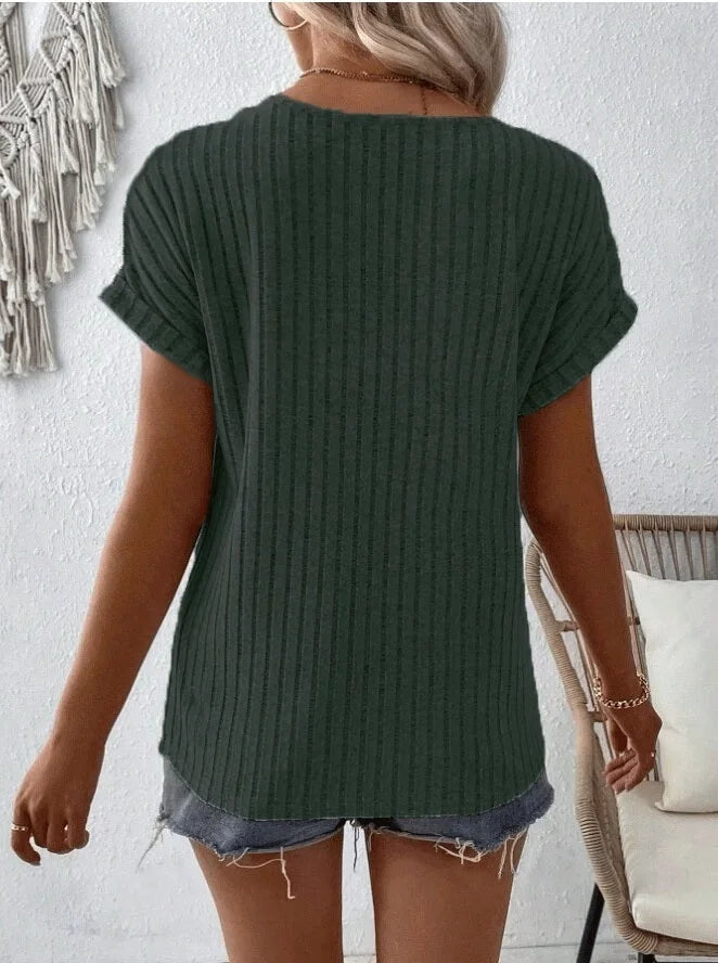 Spring/summer new solid color ribbed top V-neck button decorated elegant T-shirt ladies S-2XL