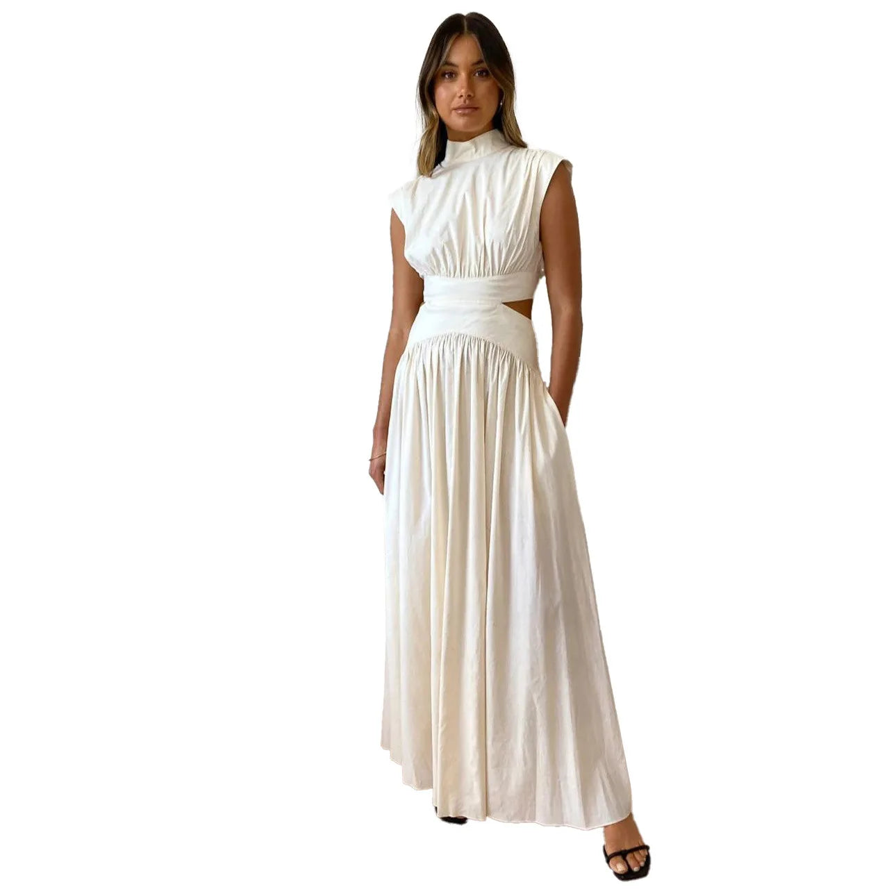 New Holiday Style, Solid Color Waist Empty And Sexy Waist Pleated Large Skirt Dress