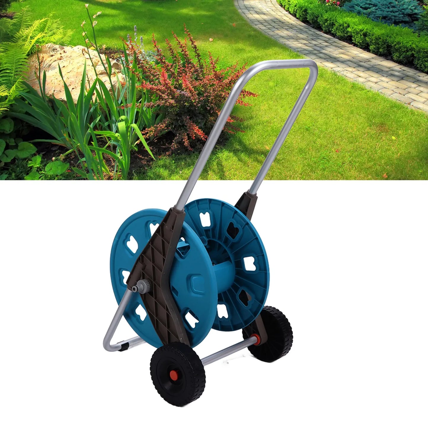 G1/2 Garden Hose Reel Cart with 2 Wheels Garden Waterpipe Rack Watering Trolley Hold 60M Hose Garden Hose Rack Garden Hose Cart