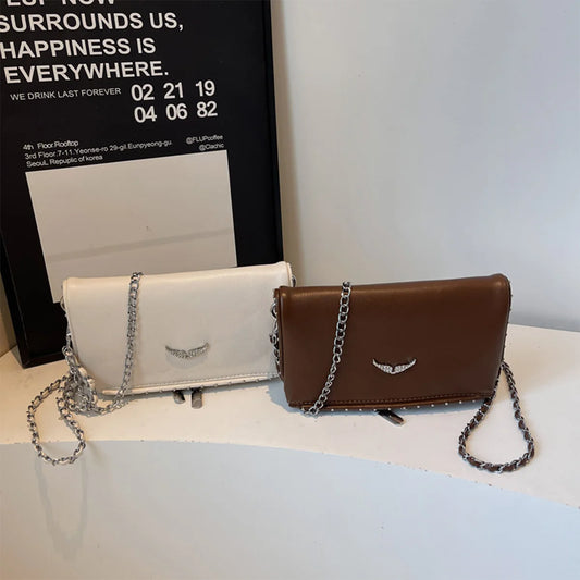 Luxury Crossbody Bag Solid Color PU Wing Logo Design Lightweight Magnetic Adjustable Chain Strap Handbag for Travel Commute