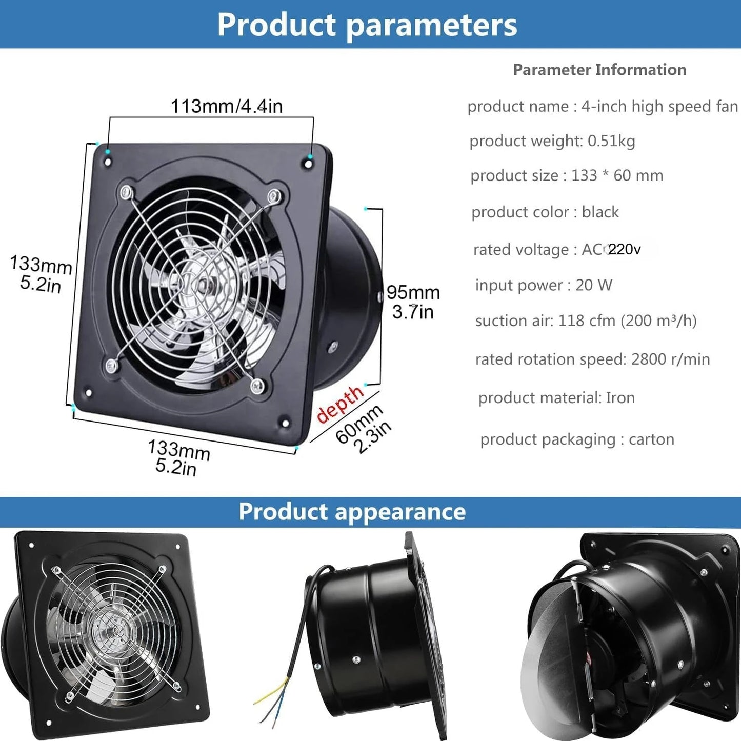 4/6/8" Exhaust Fan Metal Iron Ventilation Extractor,Silence with Anti-backflow Check Valve Window&Wall Mount Vent Fans for Home