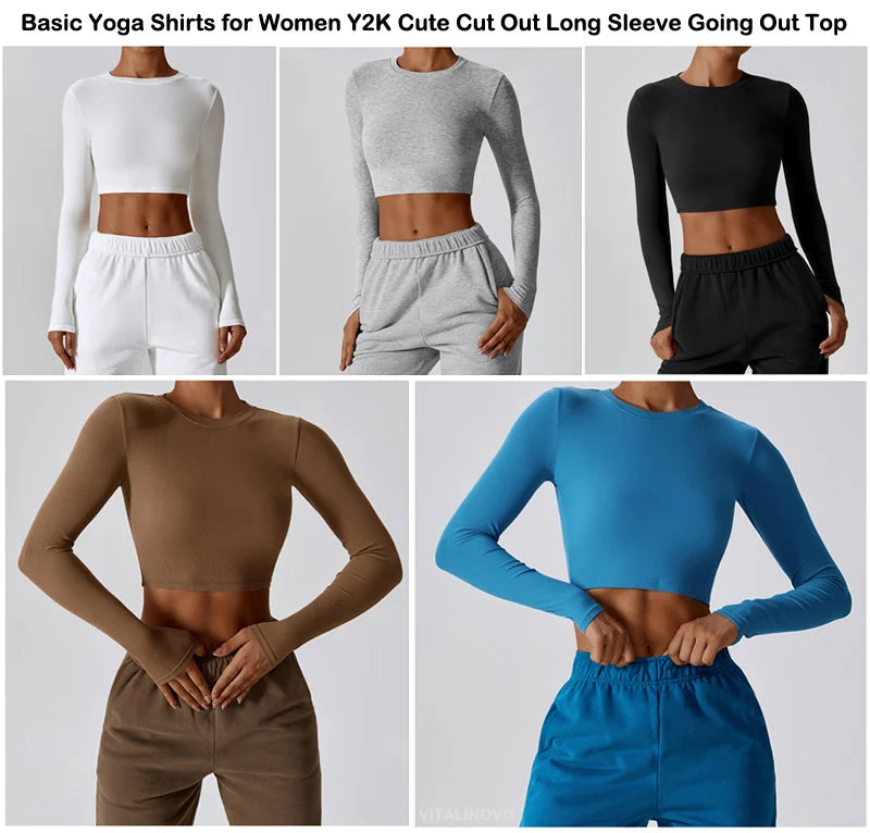 VITALINOVO Ribbed Crew Neck Cropprd Gym Tee Shirt Lightweight Basic Crop Tops Slim Fit Long Sleeve Workout Shirts for Women