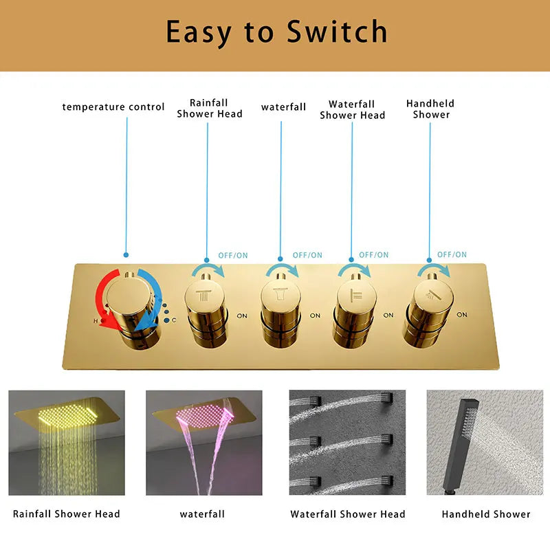 580*380mm Constant-Temperature Shower System Brushed Gold Shower Set LED Light Music Ceiling Hower head Body Massage Nozzle