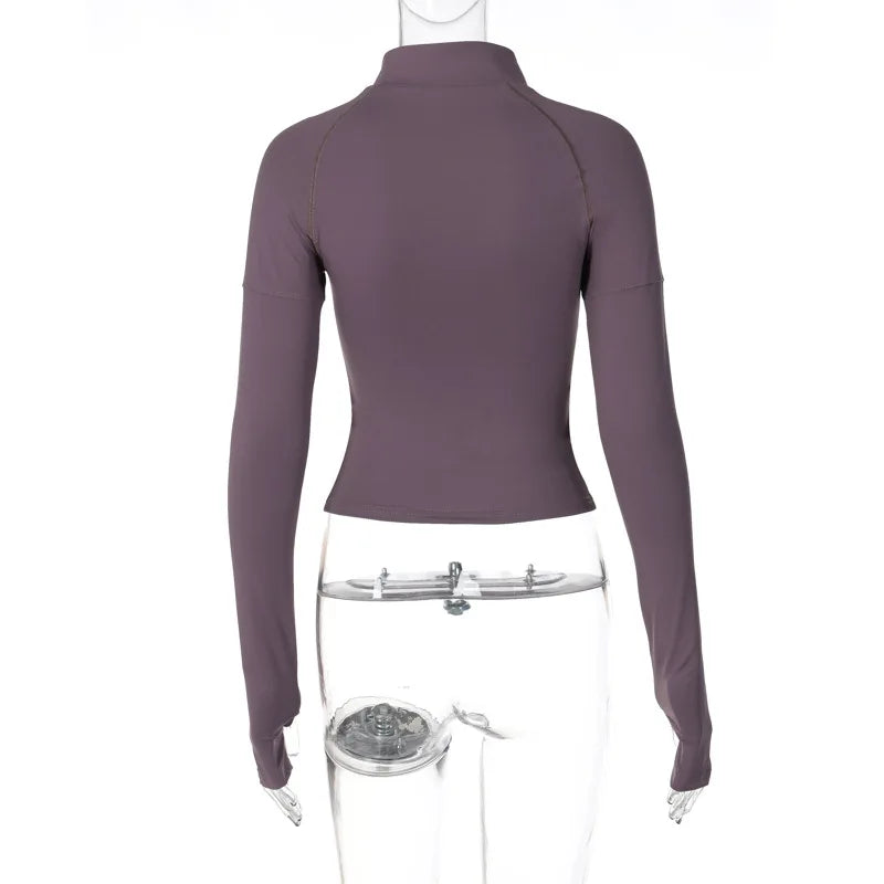 Women Y2K Tops Zipper Long Sleeve Causal Basic Skinny T Shirt Streetwear Solid Pullovers Harajuku Crop Tops Female Clothes