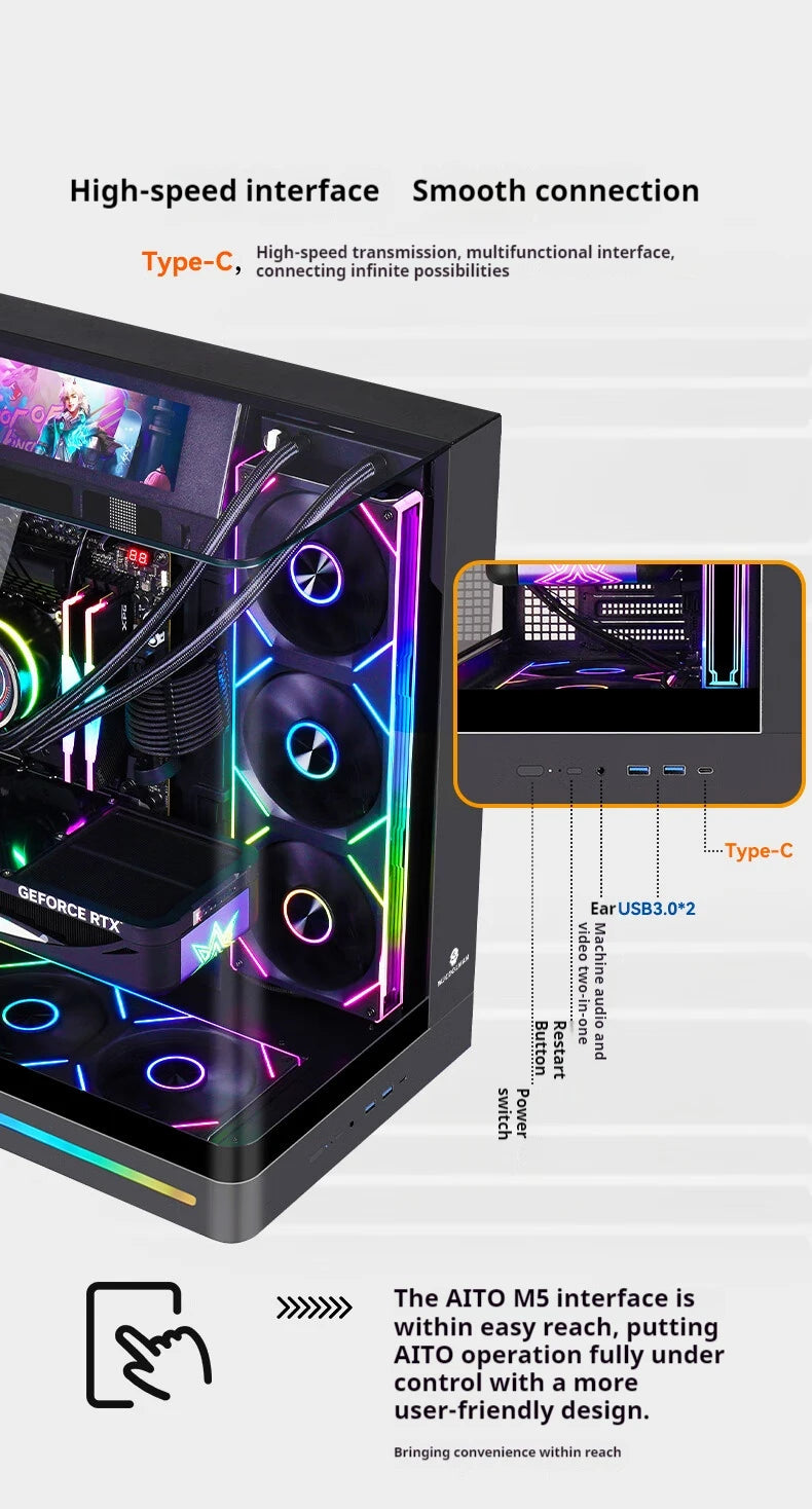 WJCOOLMAN AITO Plus ATX PC case 9.16-inch software screen RGB light strip 360 water cooler curved glass computer case