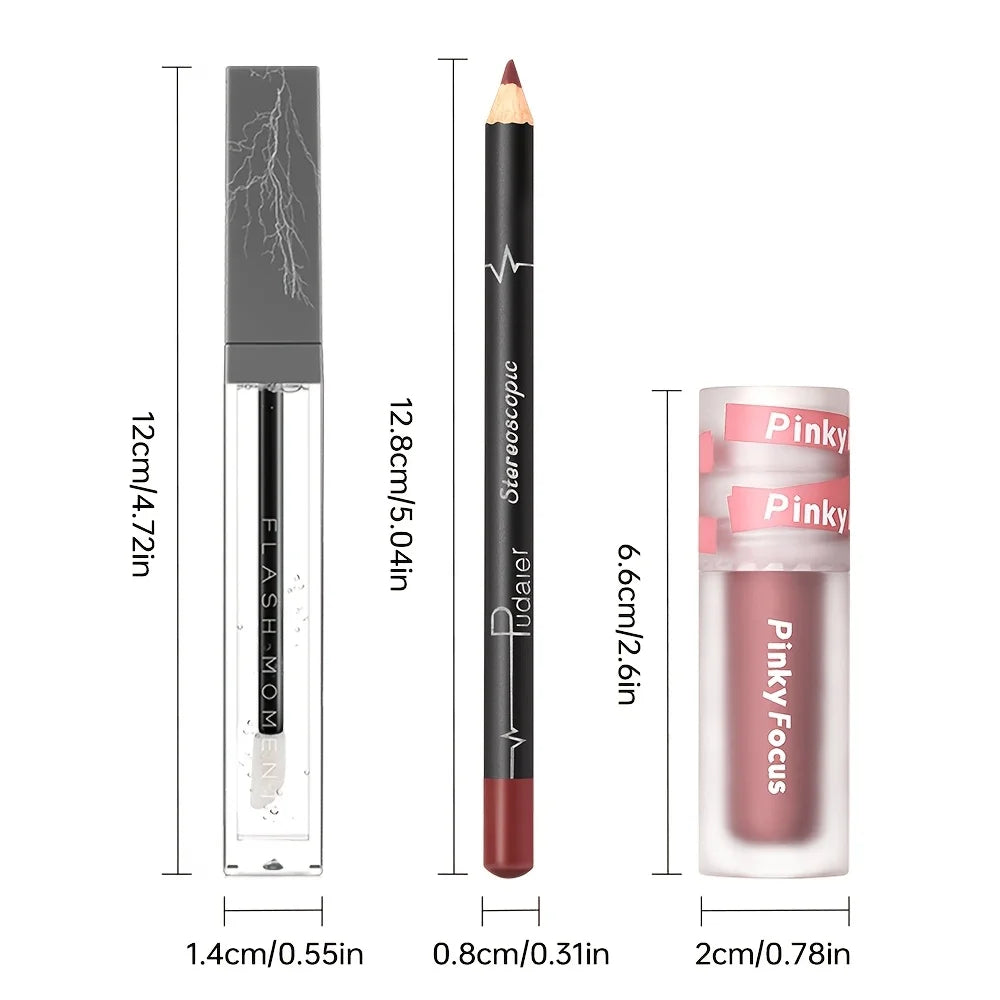 3PCS Glossy Lip Set, Shimmer Lip Gloss + Lip Oil + Lip Liner, Nourishing, Non-Sticky, High Shine, Daily Makeup
